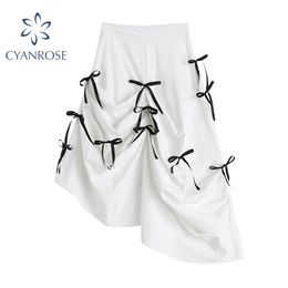 Irregular Swing Bow Folds Skirt Women Mori Gir High Waist Solid White Skirts Summer New Korean Style Fashion Chic Mini Jupe 210417