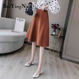 A Line Midi Skirt Women Elegant Korean Style Retro Plain Work Wear OL Office Ladies Skirts Black Chic Fashion Jupes 210506