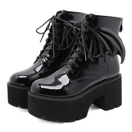 Womens Angel Wing Punk Ankle Boots Ladies Platform Pumps Female Shoes Women Patent Leather Footwear Woman Gothic High Heels