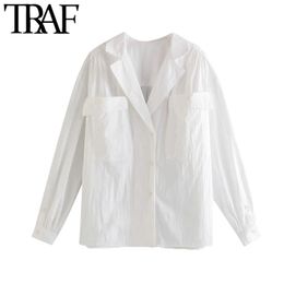 TRAF Women Fashion With Pockets Loose White Blouses Vintage Long Sleeve Button-up Female Shirts Blusas Chic Tops 210415