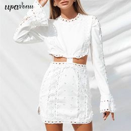 Free Heavy Industry Embroidered Dress Women's White Sexy O-neck Long Sleeve Hollow Mini Club Party 210524