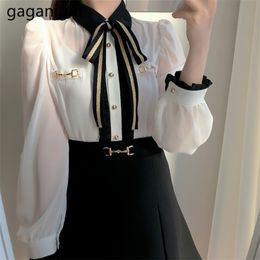 Patchwork Colour Women Blouses Chiffon Bow Fashion OL Formal Outwear Drop Shirts Japanese Chic Blusas 210601