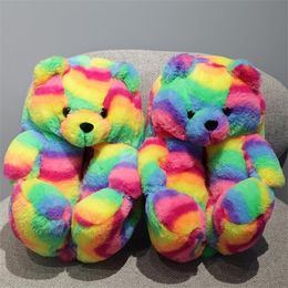 Women Winter Lovely Cartoon Teddy Bear Cotton Slippers Rainbow Colorful Warm Slides Cute Bear Indoor Shoes Faux Fur Slides Girl Y1120