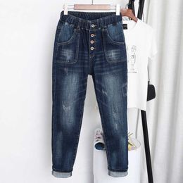 1711 Women Summer New Fashion Empire Elastic Waist Vintage Ankle Length Harem Baggy Buttom Pants 100kg Female Casual Denim Jeans H0908