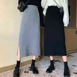 Autumn and Winter Korean Long Back Slit Skirt Hip Skirts All-match High Waist Slimming Black Knitted Skirt Women Plus Size 211120