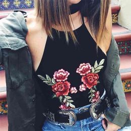 Women Vintage Floral Embroidery Halter Neck Camisole Tank Tops Sexy Off shoulder Crop Black Summer Fashion Streetwear 210517
