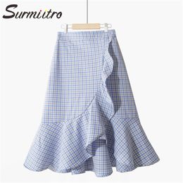 Spring Summer Midi Plaid Skirt Women Korean Style Blue Ruffles High Waist Aesthetic Knee Length Female 210421