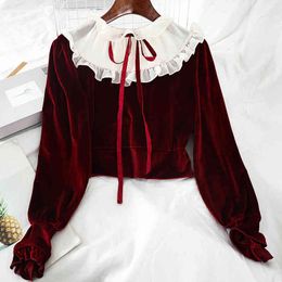 Women's T-shirt Autumn Patchwork Long-sleeved Ruffled Japan Retro Student Young Girl Cute Woman Shirts Female Tops PL113 210506