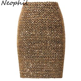 Neophil 2021 Summer Women Sequined Patchwork Shinny Pencil Mini Skirts High Waist Black Party Sexy Bandage Girls Long Saia S1812 X0428