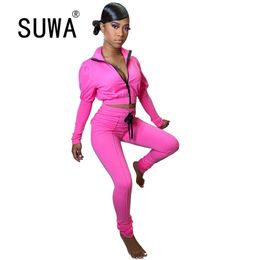 Workout Clothes For Women 2 Piece Set Zipper Long Sleeve Coats Jacket And High Waisted Pants Trousers Sexy Fitness Wear Sale 210525