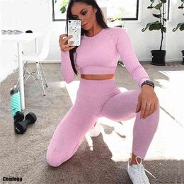 Thick 2Pcs Women Seamless Yoga Set Sportswear Long Sleeve Crop Tops Squat Proof Pant Leggings Female Gym Outfit Suits 210802
