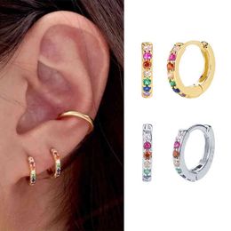 Eleshe 925 Sterling Silver Huggie Hoop charms Earrings for Women with 18k Gold Plated Cubic Zirconia Rainbow Statement Jewelry