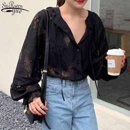 Women Shirts Fashion Carved Lantern Long Sleeve Spring Autumn Loose Blouse Cardigan Clothes Black Lace Shirt Tops 10202 210521