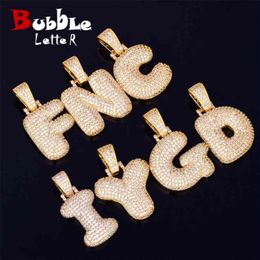 A-Z Single Bubble Letters Necklaces & Pendant Chain For Men Women Gold Colour Cubic Zircon Hip Hop Jewellery Gifts 210721