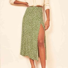 Fashion vintage skirt flower polka dot print high waist stretch split long A-line skirts for women beach maxi skirt 210514