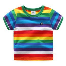Summer Fashion 2 3 4 5 6 7 8 9 10 Years Colourful Handsome Stripe Kids Baby Boys Girls Rainbow Short Sleeve Cotton T Shirt 210529