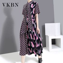 VKBN Spring and Summer Dress Women Office Lady Geometric Pattern Printing Turn-down Collar Dress Elegant 210507