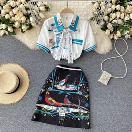 SINGREINY Women Summer Retro Print Suit Bow Turndown-Collar Button Short Sleeve Top+High Waist A-line Midi Skirts Two Piece Set 210419
