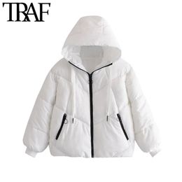 TRAF Women Fashion Thick Warm Hooded Parkas Loose Padded Jacket Coat Vintage Long Sleeve Female Outerwear Chic Tops 210415