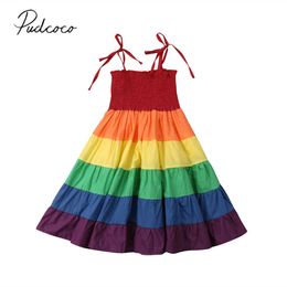 2019 Brand New Infant Kid Baby Girls Dress Colourful Rainbow Striped Print Ruffles A-Line Dress Sundress Summer Cute Outfit 2-7Y Q0716
