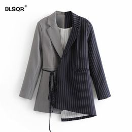 Women Stylish Striped Spliced Blazer Notched Collar Slim Lacing up Bow Suit Jacket Coat Irregular Asymmetry Hem Outerwear Tops 210430