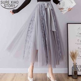 Women Pleated Mesh Long Skirt Jupe Longue Femme Spring Lace Tulle Maxi Elastic High Waist Solid Skirts 9785 210417