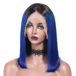 silky straight brazilian hair Canada - 13*4 Lace Front wigs Brazilian Bob 1bBlue ombre Color around Pre Plucked Natural Hairline with baby hair for black woman 180density girl wowwigs