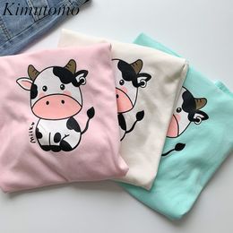 Kimutomo Cartoon Printing T-shirt Women Summer Korean Chic Fashion Ladies O-neck Short Sleeve Casual Top Elegant 210521