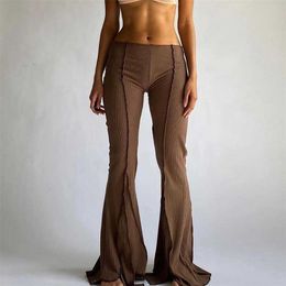 Women Vintage Pants Hippie Low Waist Bell Bottoms Ladies Stretch Flare Trousers Solid Color Summer Fashion Flares 211105