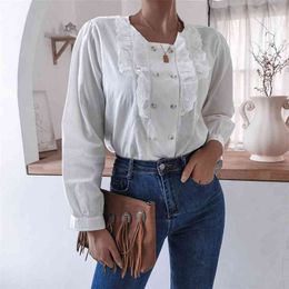 Autumn winter Ruffles lace double breasted Shirt blouse long sleeve white shirt tops for womens Vintage clothes women 210508