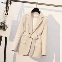 Fitaylor Spring Autumn Office Ladies Blazer Jacket Women One Button Solid Colour Suit Coat Elegant Fashion Outwear with Belt 211122