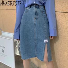 Summer Elegant Women Skirts Korean Style High Waist Split Burrs Blue OL Casual Denim 210531