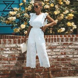 Women Jumpsuit Ruffles Hollow Out Vintage White Rompers Womens Plus Size Sexy Sleeveless Party 210524