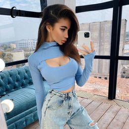 CNYISHE Women Sexy Hollow Out Knitted Ribbed T-shirts Women Tee Long Sleeve Solid Pullover Tops Casual Shirts Female Blusas 210419