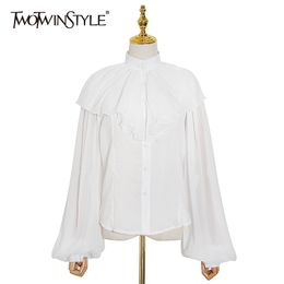White Patchwork Ruffle Chiffon Blouse For Women Lantern Sleeve Elegant Female Summer Fashion 210524