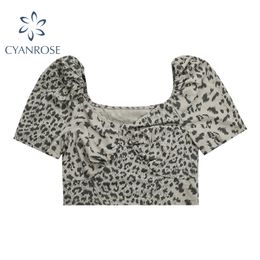 Womens Leopard Print Skinny Blouses Summer Puff Short Sleeve Square Collar Crop Shirts Streetwear Retro Y2K Club Night Tops 210417