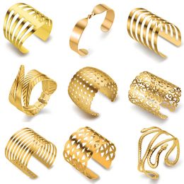 Just Feel Hot Big Surface Width Woman Cuff Bangles&bracelets Cool Gold Colour Exagerated Eu Style for Ol Women Jewellery Bracelet Q0719