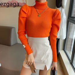 Ezgaga Turtleneck Sweater Pullover Women Korean Chic Long Puff Sleeve Solid Slim Knitted Tops Outwear Basic Jumper Elegant 210430