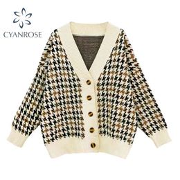 Plaid Knitted Sweaters Women Vintage Autumn Winter Casual Loose v neck long sleeve Cardigans Fashion Outwear Korean Chic Tops 210417
