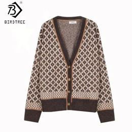 autumn Cheque pattern retro knitted cardigan female Korean version loose lazy style allmatch sweater jacketT00715 210416