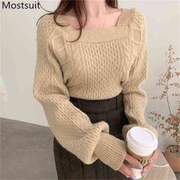 Square Collar Twisted Knitted Korean Vintage Sweaters Tops Women Autumn Long Sleeve Elegant Ladies Sexy Pullovers Jumpers 210513