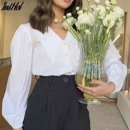 Women Sweet Peter Pan Collar Lace Stitching Casual Poplin Blouse Shirts Women Puff Sleeve White Chemise Chic Tops 210514