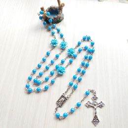 wholesale crucifix pendants Australia - Pendant Necklaces Catholic Rosary Necklace Blue Acrylic Rose Flower Beaded Chain Virgin Mary Our Lady Medal Crucifix Cross Church Prayer Jew