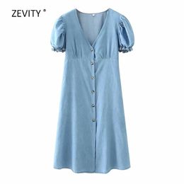 women vintage v neck puff sleeve denim midi dress female single breasted split vestido chic casual slim dresses DS3934 210420