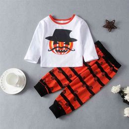 Summer Children Sets Fashion Short Sleeve Print Pumpkin Head T-shirt Orange Trousers Casual 2Pcs Girls Clothes 210629