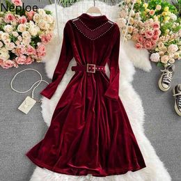 Neploe Maxi Dresses for Women Temperament Gauze Patchwork Velvet Vestidos Stand Neck Lace Up Sslim Waist Big Swing Dress 4G301 210422