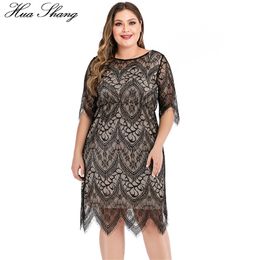 6XL Plus Size Lace Dress Women Summer O Neck Half Sleeve Lace Floral Midi Dress Knee Length Ladies Slim Bodycon Pencil Dresses 210331