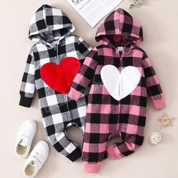 kids Rompers girls boys Valentine's Day Love heart Hooded romper infant toddler plaid Jumpsuits Spring Autumn fashion Boutique baby lattice Climbing clothes