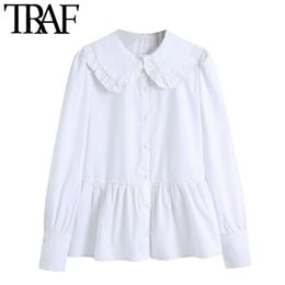 TRAF Women Sweet Fashion Button-up Ruffled Blouses Vintage Lapel Collar Long Sleeve Female Shirts Blusas Chic Tops 210415