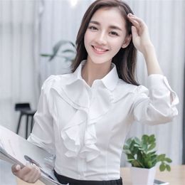 Autumn Winter Women Long Sleeve Shirts Korea Office Lady Turn-down Collar White Shirt Casual Ruffles Blouse Ladies Tops D228 210512